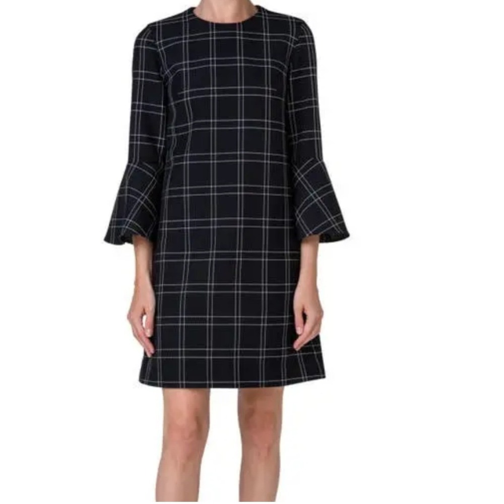 Akris Punto Women Black White Plaid Bell Sleeve Shift Dress US Size 10